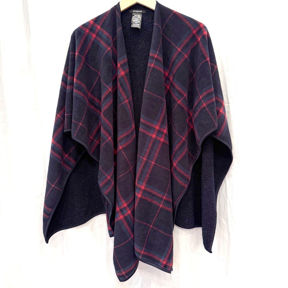 Ike Behar Navy Red Plaid Fleece Sherpa Reversible Wrap‎ Poncho Cape One Size